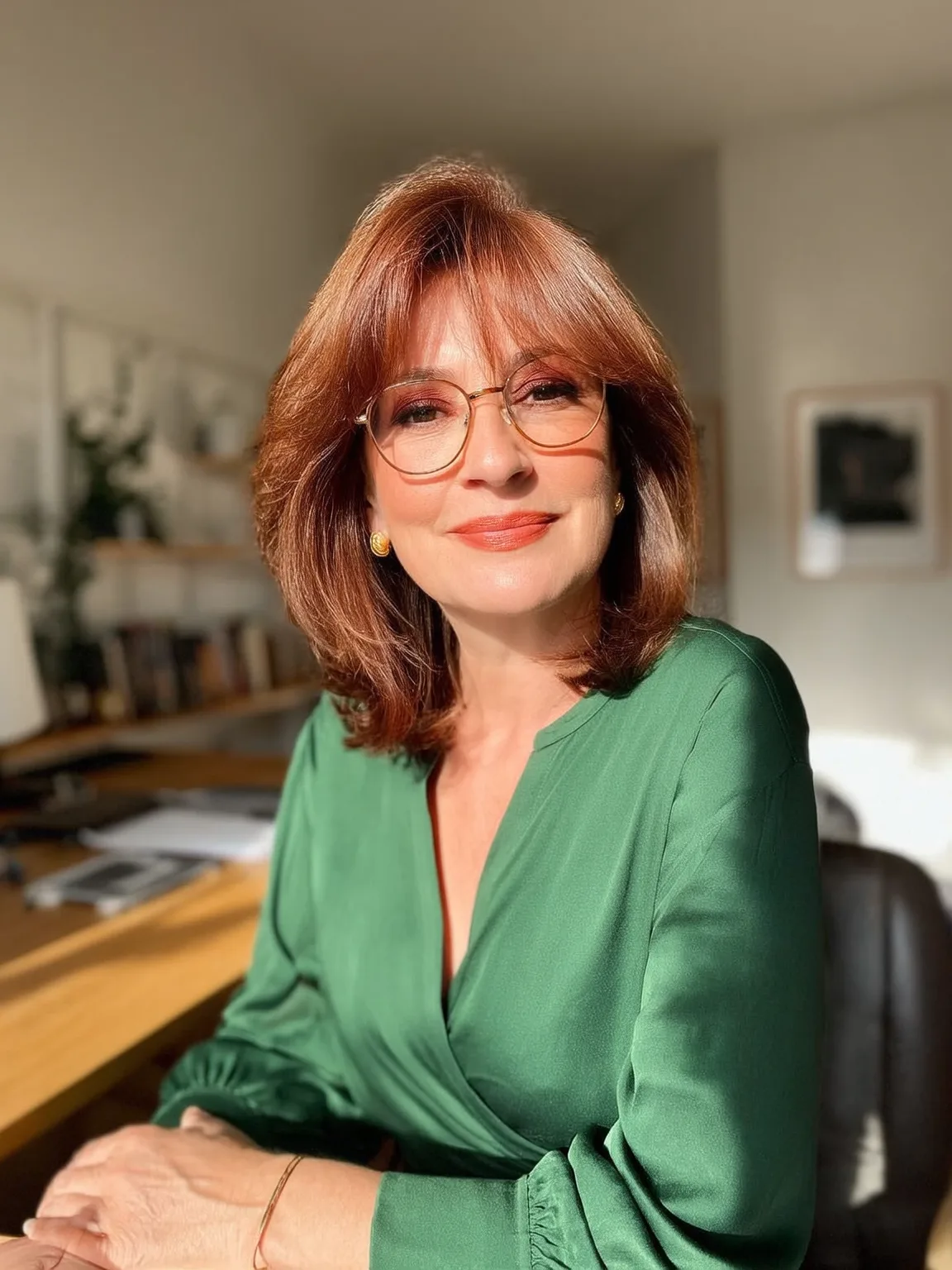 Rich Auburn Layered Straight Bob with Side-Swept Bangs